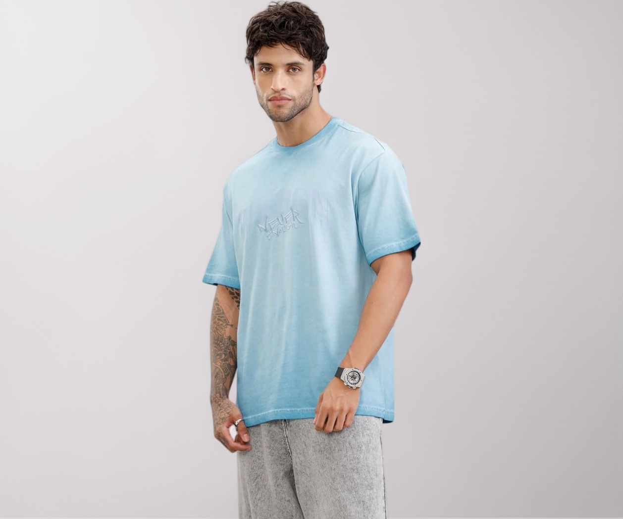 45R 45rpm コットン 半袖 カットソー Tシャツ 水色 Buy WROGN Men's Cotton T-Shirt | Pigment Dye Wash with Print